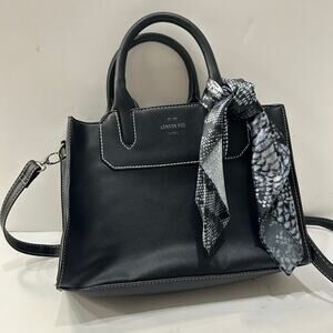 London Fog Black Structured Satchel Crossbody Tote Bag Scarf Detail